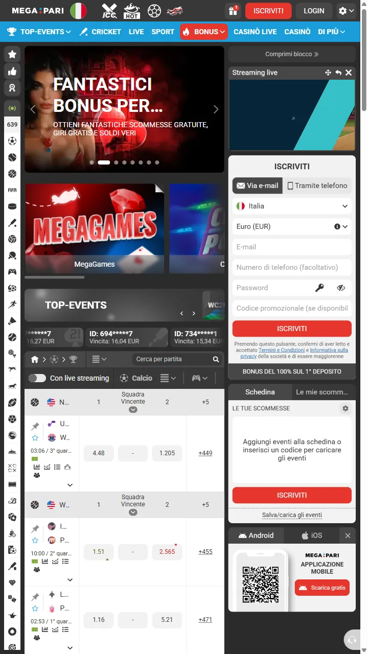 Portada de la web de Megapari en el móvil, casa de apuestas con licencia de Curazao