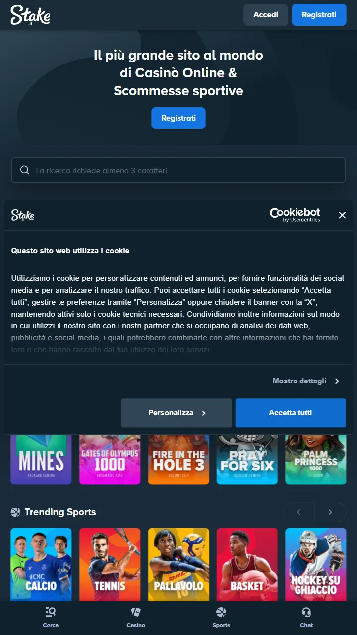 Portada de la web de Stake en el móvil, casa de apuestas con licencia de Curazao