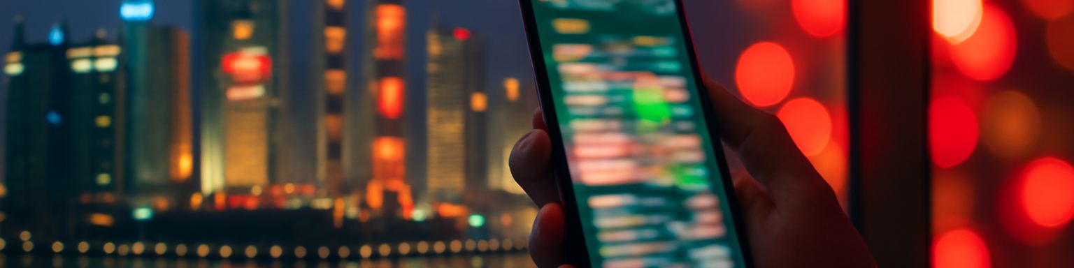 Un móvil con una pantalla de cuotas frente al perfil nocturno de una ciudad asiática, imagen de esta comparativa de casas de apuestas chinas